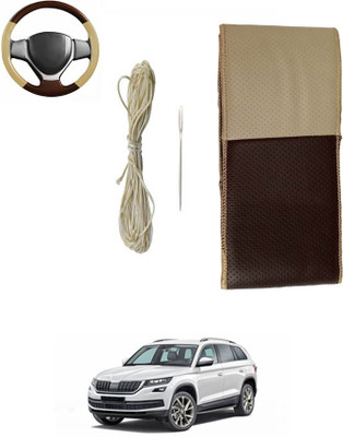 MATIES Hand Stiched Steering Cover For Skoda Universal For Car(Beige/Brown, Leatherite)