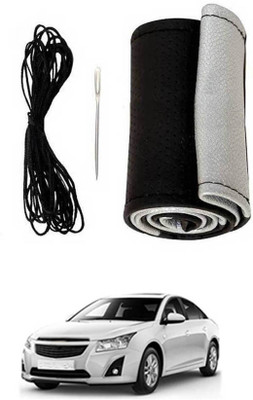 MATIES Hand Stiched Steering Cover For Chevrolet Cruze(Black-Silver, Leatherite)