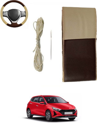 MATIES Hand Stiched Steering Cover For Hyundai i20(Beige/Brown, Leatherite)