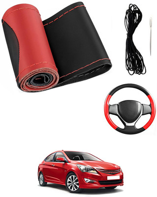 MATIES Hand Stiched Steering Cover For Hyundai Verna(Red/Black, Leatherite)
