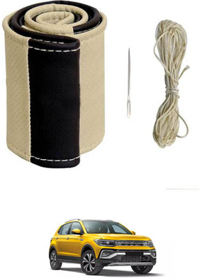 MATIES Hand Stiched Steering Cover For Volkswagen Universal For Car(Beige/Black, Leatherite)