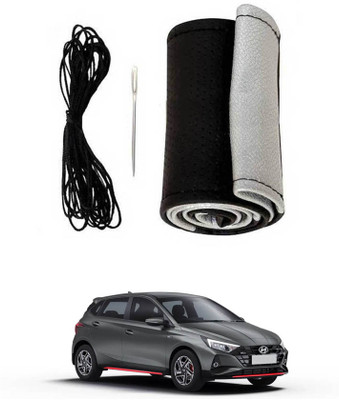 MATIES Hand Stiched Steering Cover For Hyundai Universal For Car(Black-Silver, Leatherite)