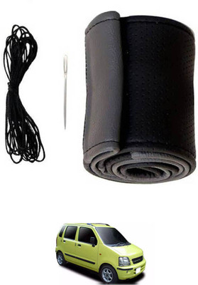 MATIES Hand Stiched Steering Cover For Universal For Car WagonR(Black/Grey, Leatherite)