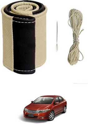 MATIES Hand Stiched Steering Cover For Honda Universal For Car(Beige/Black, Leatherite)