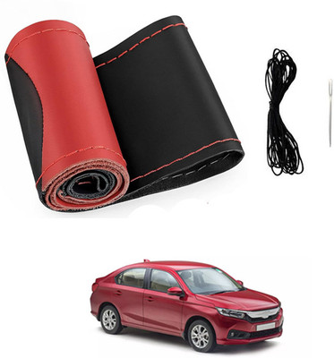 MATIES Hand Stiched Steering Cover For Honda Amaze(Red/Black, Leatherite)