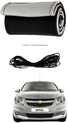 RKPSP Hand Stiched Steering Cover For Universal For Car Sail(Silver/Black, Leatherite)