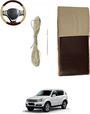 MATIES Hand Stiched Steering Cover For SsangYong Rexton(Beige/Brown, Leatherite)
