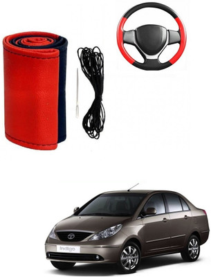 ARNEJA Hand Stiched Steering Cover For Tata Indigo CS(Red, Black, Leather)