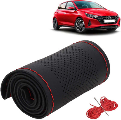 Kingsway Hand Stiched Steering Cover For Hyundai i20(Black Color with Red Thread, Leatherite)