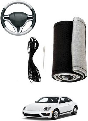 MATIES Hand Stiched Steering Cover For Volkswagen Beetle(Silver, Black, Leatherite)
