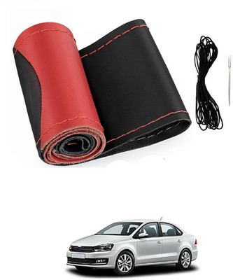 monolive Hand Stiched Steering Cover For Volkswagen Vento(Red/Black, Leatherite)