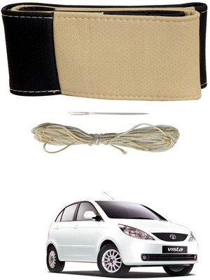 RKPSP Hand Stiched Steering Cover For Universal For Car Vista(Beige/Black, Leatherite)