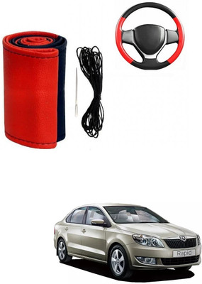 ARNEJA Hand Stiched Steering Cover For Skoda Rapid(Red, Black, Leather)
