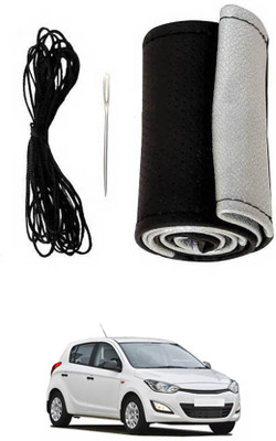 monolive Hand Stiched Steering Cover For Hyundai i20(Silver/Black, Leatherite)