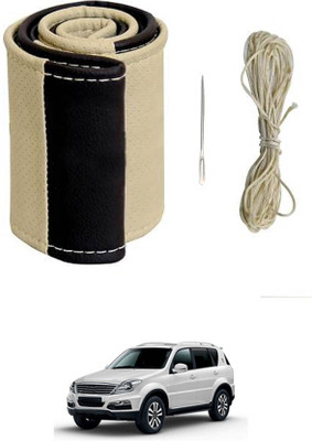 MATIES Hand Stiched Steering Cover For SsangYong Rexton(Beige/Black, Leatherite)