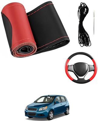 MATIES Hand Stiched Steering Cover For Chevrolet Aveo(Red/Black, Leatherite)
