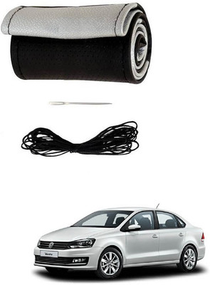 RKPSP Hand Stiched Steering Cover For Universal For Car Vento(Silver/Black, Leatherite)