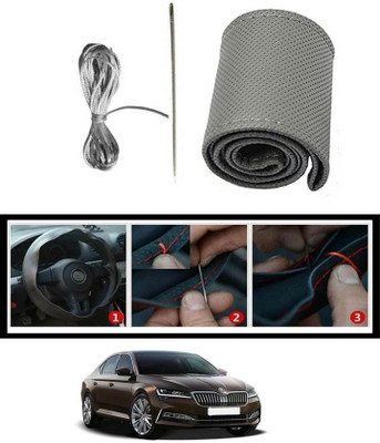 MATIES Hand Stiched Steering Cover For Skoda Superb(Grey, Leatherite)