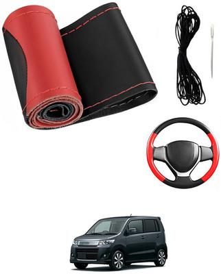 MATIES Hand Stiched Steering Cover For Universal For Car WagonR Stingray(Red/Black, Leatherite)
