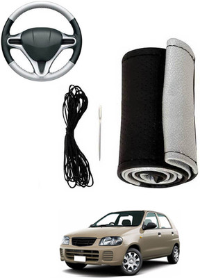 MATIES Hand Stiched Steering Cover For Universal For Car Alto(Silver, Black, Leatherite)