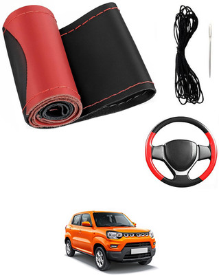 MATIES Hand Stiched Steering Cover For Universal For Car Universal For Car(Red/Black, Leatherite)