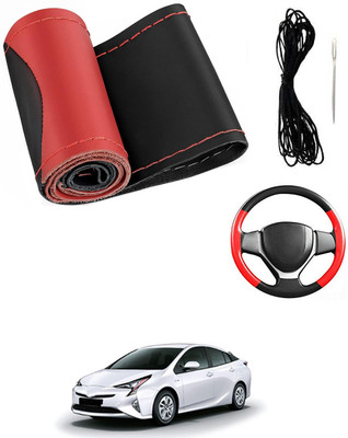 MATIES Hand Stiched Steering Cover For Toyota Prius(Red/Black, Leatherite)