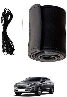 MATIES Hand Stiched Steering Cover For Hyundai Tucson(Black/Grey, Leatherite)