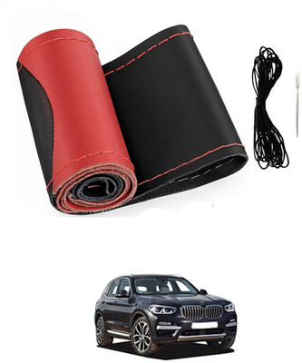 MATIES Hand Stiched Steering Cover For BMW X3(Red/Black, Leatherite)