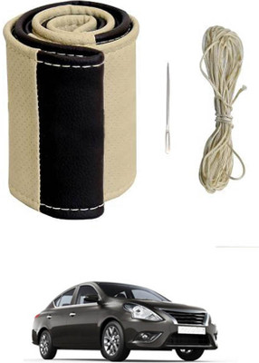 MATIES Hand Stiched Steering Cover For Nissan Sunny(Beige/Black, Leatherite)