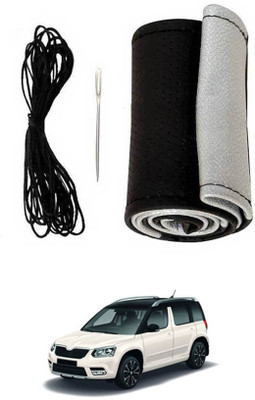 monolive Hand Stiched Steering Cover For Skoda Yeti(Silver/Black, Leatherite)