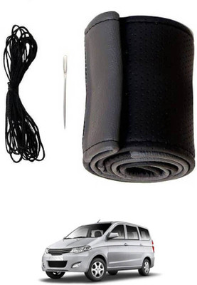 MATIES Hand Stiched Steering Cover For Chevrolet Enjoy(Black/Grey, Leatherite)