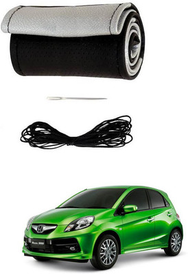 RKPSP Hand Stiched Steering Cover For Universal For Car Brio(Silver/Black, Leatherite)