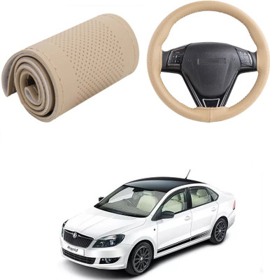 Autocom Hand Stiched Steering Cover For Skoda Rapid(Beige, Leather)