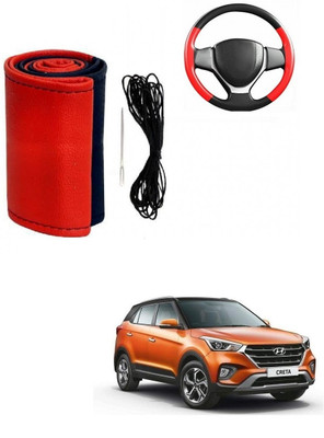 Autocom Hand Stiched Steering Cover For Hyundai Creta(Red, Black, Leather)