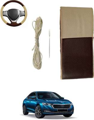monolive Hand Stiched Steering Cover For Skoda Octavia(Brown/Beige, Leatherite)