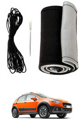 MATIES Hand Stiched Steering Cover For Fiat Avventura(Black-Silver, Leatherite)