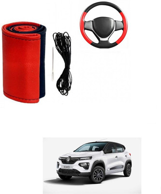 ARNEJA Hand Stiched Steering Cover For Renault Kwid(Red, Black, Leather)