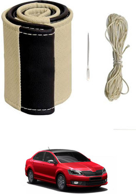 monolive Hand Stiched Steering Cover For Skoda Rapid(Beige/Black, Leatherite)