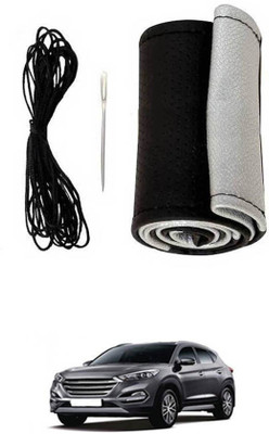 MATIES Hand Stiched Steering Cover For Hyundai Tucson(Black-Silver, Leatherite)