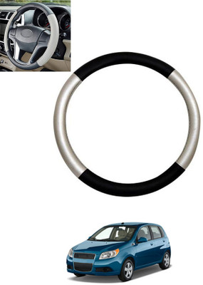 monolive Hand Stiched Steering Cover For Chevrolet Aveo(Silver/Black, Leatherite)