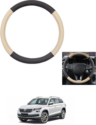 MATIES Steering Cover For Skoda Universal For Car(Beige/Black, Leather)