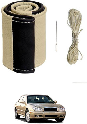 MATIES Hand Stiched Steering Cover For Hyundai Sonata(Beige/Black, Leatherite)