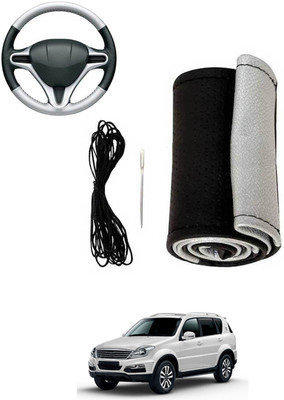 MATIES Hand Stiched Steering Cover For SsangYong Rexton(Silver, Black, Leatherite)