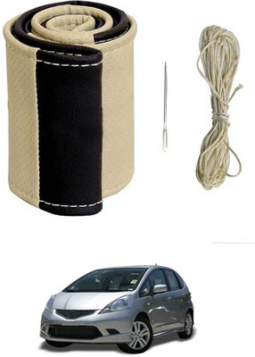 ABJD Hand Stiched Steering Cover For Hyundai Jazz(Beige, Black, Leatherite)