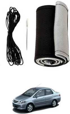 ABJD Hand Stiched Steering Cover For Honda Universal For Car(Silver, Black, Leatherite)