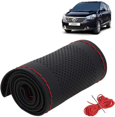 Kingsway Hand Stiched Steering Cover For Renault Lodgy(Black Color with Red Thread, Leatherite)