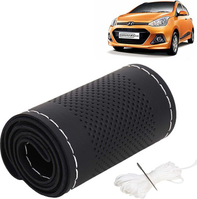 Kingsway Hand Stiched Steering Cover For Hyundai Grand i10(Black Color with Silver Thread, Leatherite)
