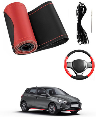 MATIES Hand Stiched Steering Cover For Hyundai Universal For Car(Red/Black, Leatherite)