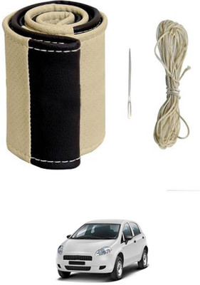 MATIES Hand Stiched Steering Cover For Fiat Punto(Beige/Black, Leatherite)