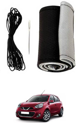 MATIES Hand Stiched Steering Cover For Nissan Micra(Black-Silver, Leatherite)
